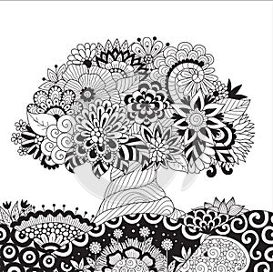 Zendoodle design of tree on floral ground for design element and adult coloring book page. Vector illustration photo