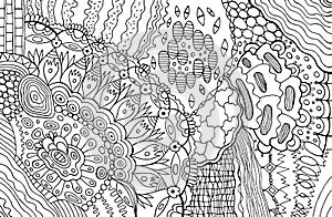 Zendoodle line art with mandala flower. Adult coloring page. Abstract pattern with floral motifs. Bohemian and hippie style. photo