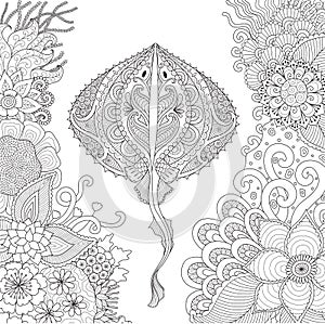 Zendoodle of Stingray swimming among beautiful corals under water world for adult coloring book pages - Stock Vector