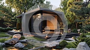 A zeninspired garden with a sleek black sauna blending seamlessly into the surroundings creating a serene and meditative photo
