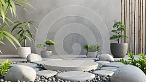 A zeninspired podium sits on a bed of smooth river rocks surrounded by potted bamboo and leafy plants. The minimalistic photo