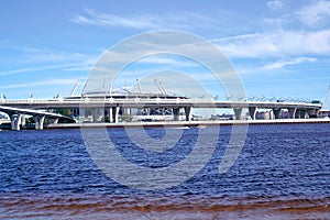 Zenit Arena football stadium is visible beyond the western high-speed diameter. St. Petersburg. Russia