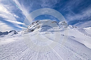 Zenith of a position Snow mountain tops and view from mountain Alps. A place or slope for skiing.