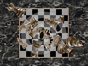 zenithal view of a chessboard with the pieces falling on it photo