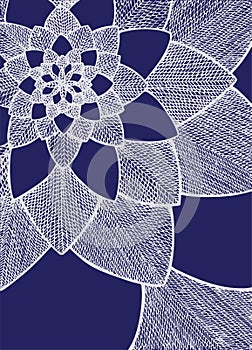 Zentangle abstract flower. Decorative flower. Hand drawn illustration. Ornament for Greeting Card. White lines on blue background.