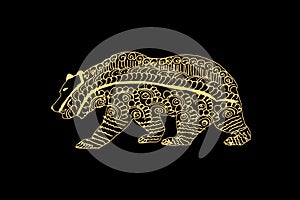 Zentangle art for Bear with gold color isolated on dark black background - vector