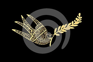 Zentangle art for Bird flying with gold color isolated on dark black background - vector
