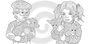 Zentangle art. Coloring Pages. Coloring Book for adults. Colouring pictures with children embracing pig and foxes. Vector