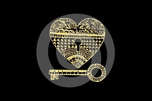 Zentangle art for Love lock and key with gold color isolated on dark black background - vector