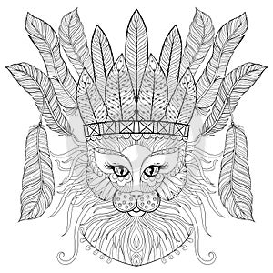 Zentangle Cat with indian war bonnet, bird feathers for adult an