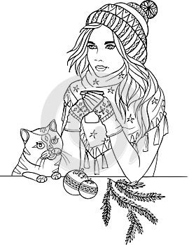 Zentangle christmas girl drinking coffee with a cat