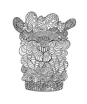 Zentangle coloring book page. Alpaca llama portrait. Coloring page lama antistress in beautiful Doodle cartoon style. Ornament