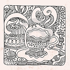 Zentangle with cup of tea and sweets