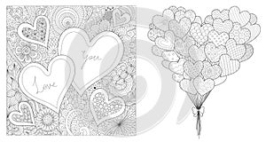 Zentangle design of hearted shapes set, for printing on cards and coloring for adult. Vector illustration