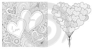 Zentangle design of hearted shapes set, for printing on cards and coloring for adult. Vector illustration photo