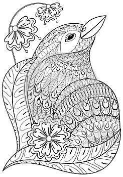 Zentangle exotic bird in flowers. Hand drawn ethnic animal for a