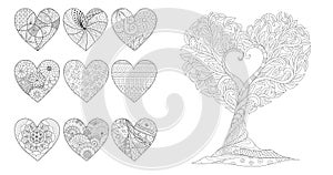 Zentangle hearts and tree for Valentines card or weddin invitations and coloring page for anti stress.Vector illustration