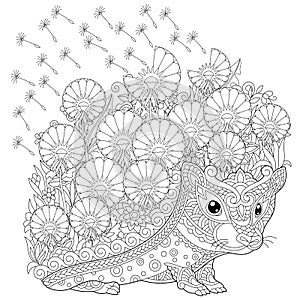 Zentangle hedgehog and spring flowers coloring page