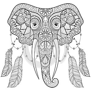 Zentangle indian Elephant with bird feathers in boho chic style.