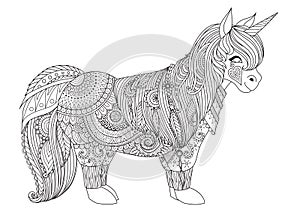 Zentangle-inspired design of happy little pony for adult coloring book pages