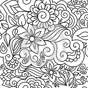 Zentangle inspired floral textile pattern with ornamental flowers and leaves. Colorful hippie style seamless herbal texture with