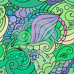 Zentangle inspired textile pattern with waves and curles. Colorful hippie style seamless texture with oriental boho chic