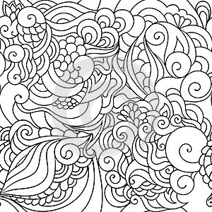 Zentangle inspired textile pattern with waves and curles. Colorful hippie style seamless texture with oriental boho chic motives