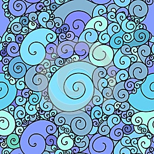 Zentangle inspired textile pattern with waves and curles. Colorful hippie style seamless texture with oriental boho chic motives