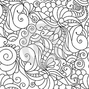 Zentangle inspired textile pattern with waves and curles. Colorful hippie style seamless texture with oriental boho chic motives