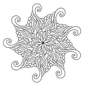 Zentangle mandala adult coloring book page. Zendoodle circular black and white outline illustration.