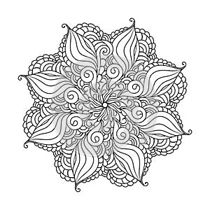 Zentangle mandala adult coloring book page. Zendoodle circular black and white outline illustration.