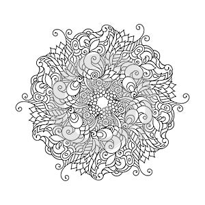 Zentangle mandala adult coloring book page. Zendoodle circular black and white outline illustration.