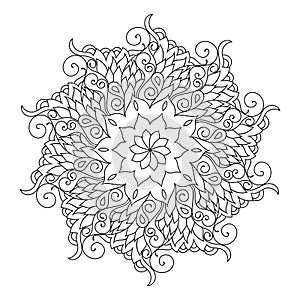 Zentangle mandala adult coloring book page. Zendoodle circular black and white outline illustration.