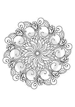 Zentangle mandala adult coloring book page. Zendoodle circular black and white outline illustration.