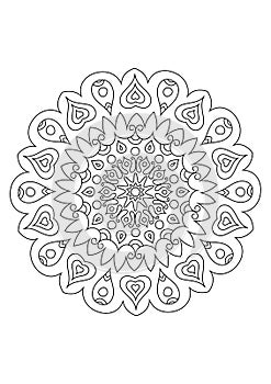 Zentangle mandala adult coloring book page. Zendoodle circular black and white outline illustration.