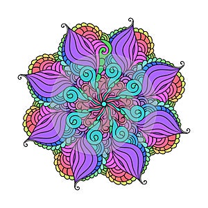 Zentangle mandala colorful illustration. Zendoodle tribal tattoo sketch.