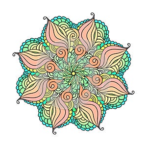 Zentangle mandala colorful illustration. Zendoodle tribal tattoo sketch.