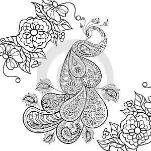 Zentangle Peacock totem in flowersfor adult anti stress Coloring photo