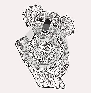 Zentangle style koala. Black white hand drawn doodle