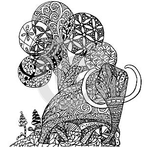 Zentangle style monochrome sketch mammut and tree, coloring page antistress stock vector illustration