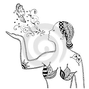 Zentangle style, swirl, girl blowing butterfly, flowers, vector, illustration, freehand pencil