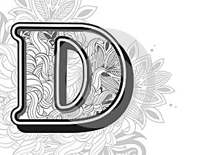 zentangle stylized alphabet letter d. hand drawn alphabetical doodles in zentangle stylized