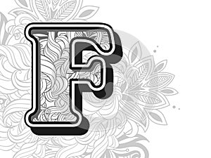 zentangle stylized alphabet letter f. handrawn alphabetical doodles in zentangle stylized