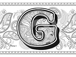zentangle stylized alphabet letter G. hand drawn alphabetical doodles in zentangle stylized