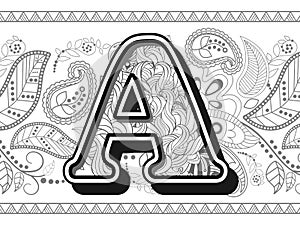 zentangle stylized alphabet letter a. hand drawn alphabetical doodles in zentangle stylized