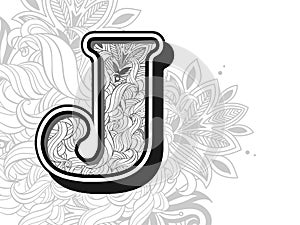 zentangle stylized alphabet letter j. handr drawn alphabetical doodles in zentangle stylized