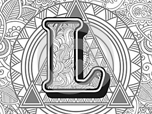 zentangle stylized alphabet letter L. black and white hand drawn doodle image letter