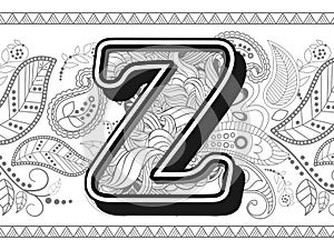 zentangle stylized alphabet letter z. handrawn alphabetical doodles in zentangle stylized