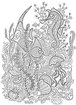 Zentangle stylized animal set sea collection. Ocean life.