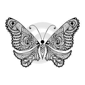 Zentangle stylized black Butterfly. Hand Drawn